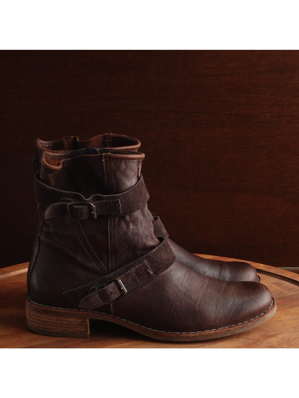 Paul Green Boots Womens SZ UK 5.5 US 8 Brown Ally Belted Leather Moto Ankle‎ Zip